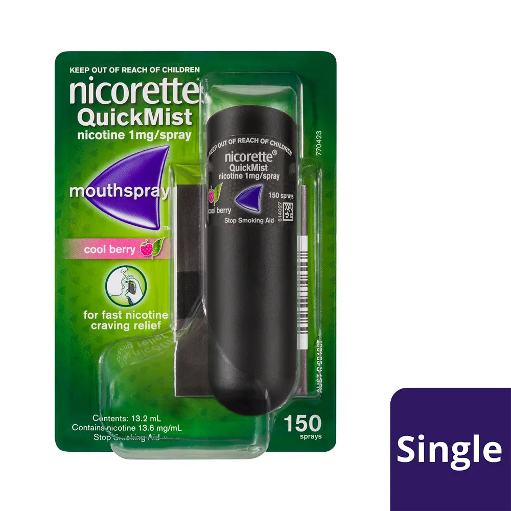 Nicorette Quit Smoking QuickMist Nicotine Mouth Spray info graphic relieving cravings from 30 seconds.