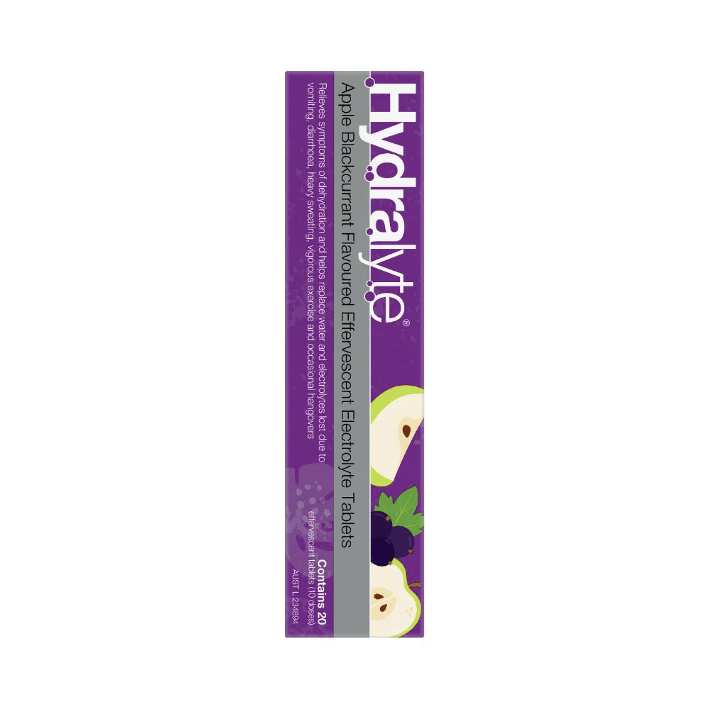 Hydralyte effervescent electrolyte apple blackcurrant flavoured tablets, rehydration.