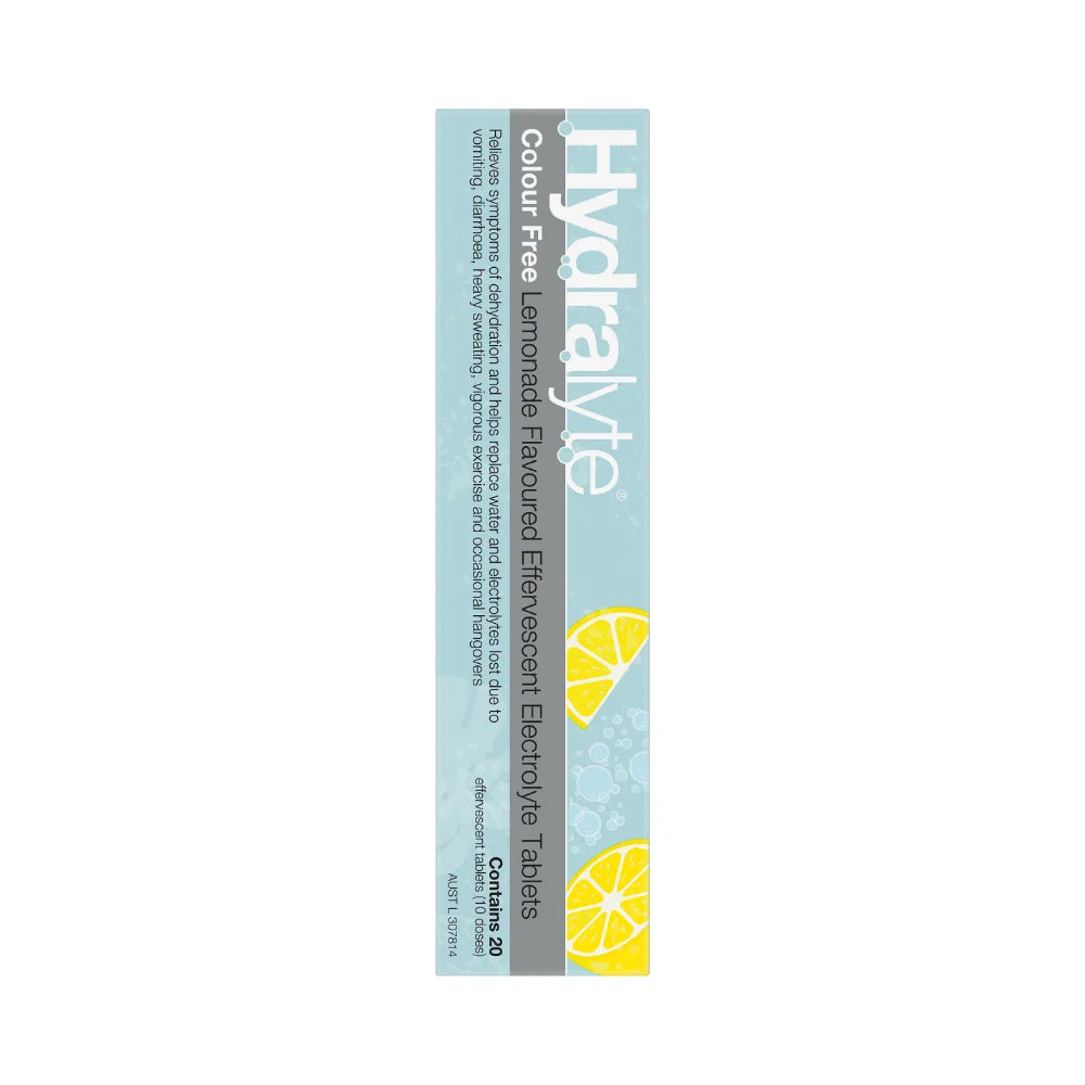 Hydralyte effervescent electrolyte colour free lemonade flavoured tablets, rehydration.