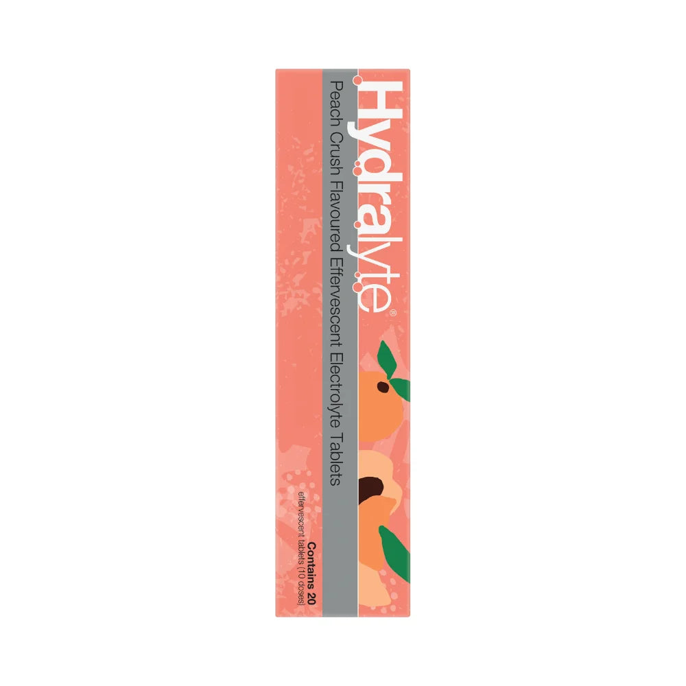 Hydralyte effervescent electrolyte peach crush flavoured tablets, rehydration.