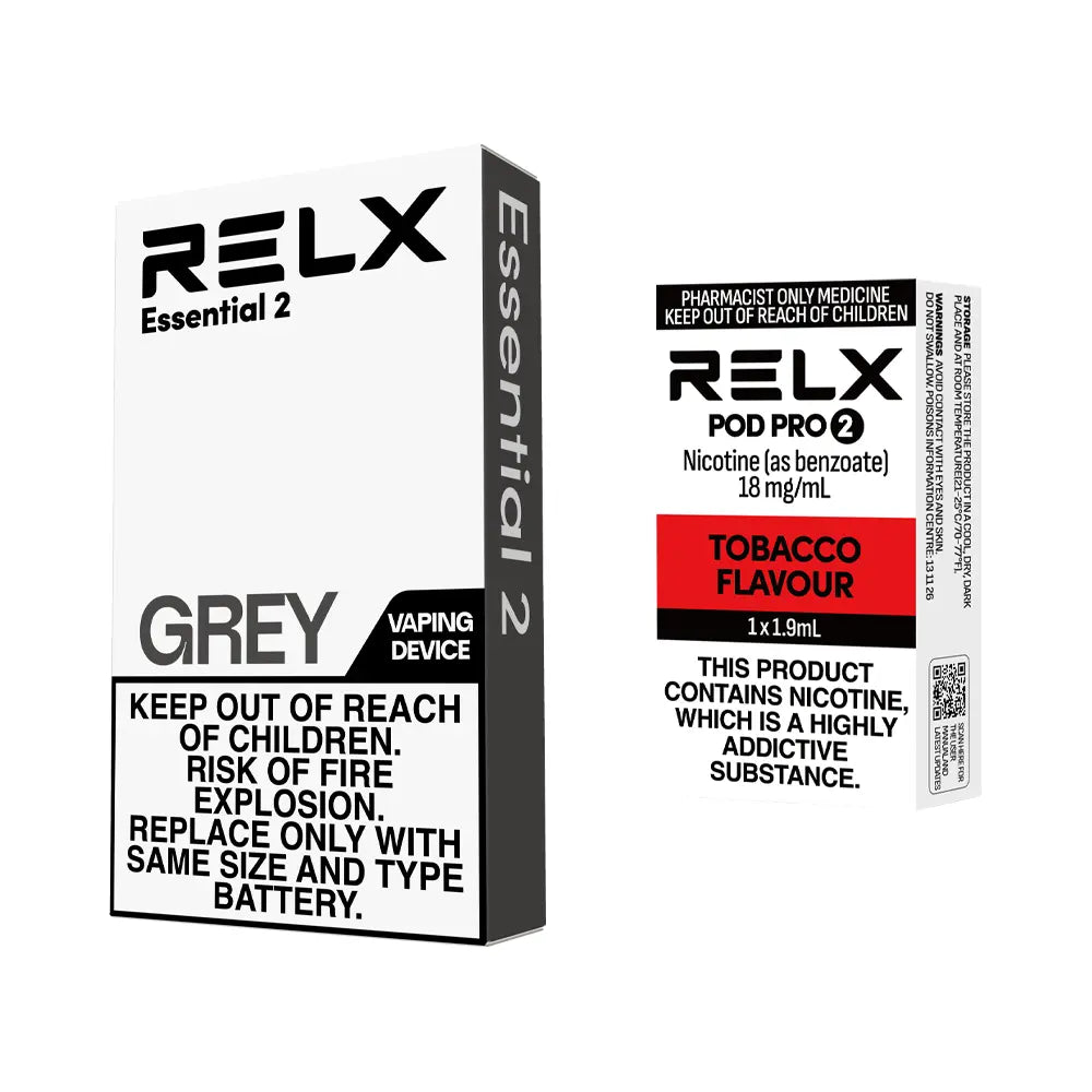 Relix grey device with Relix pre filled pod pro 2 in 18mg nicotine and tobacco red flavour