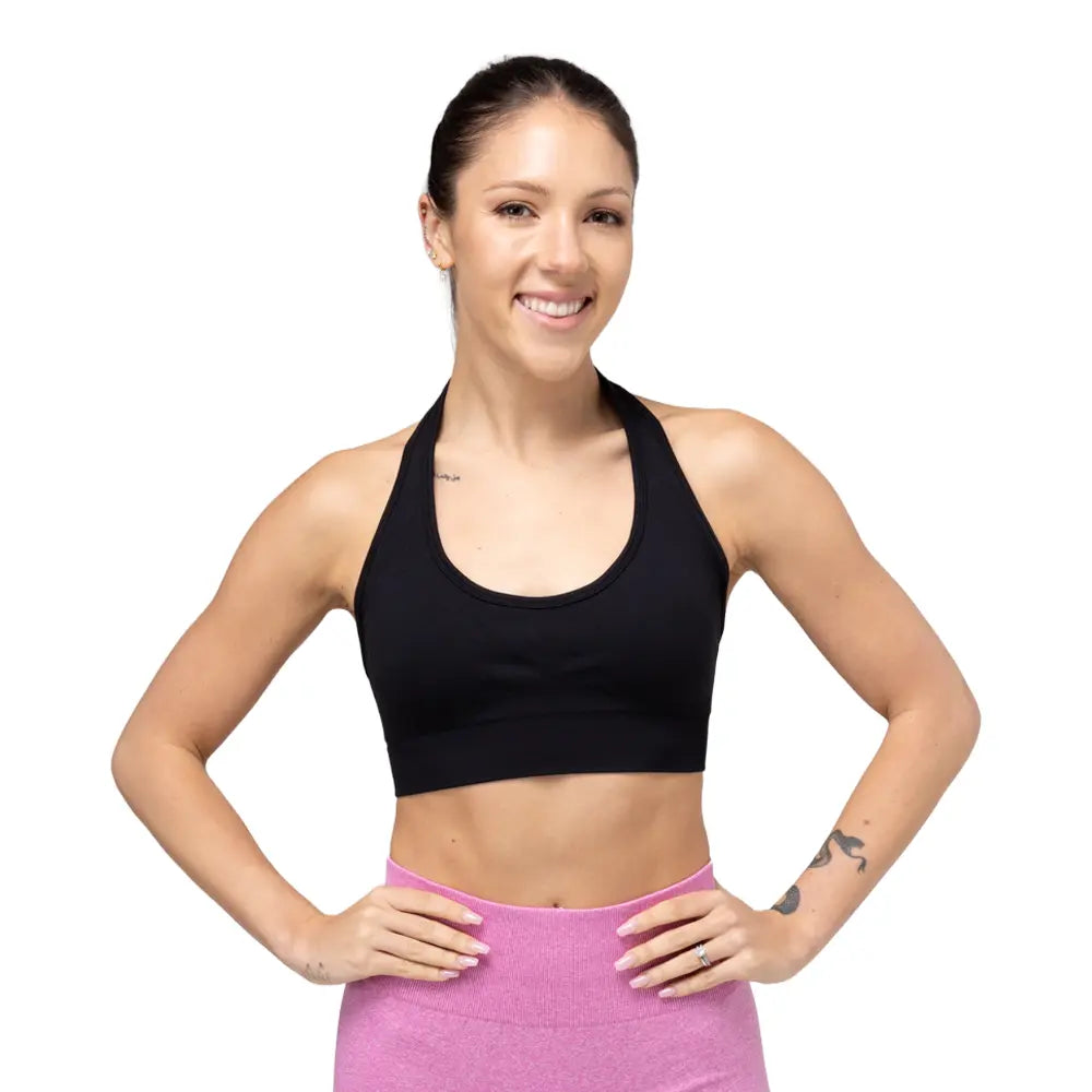 Seamless Ribbed Halter Sports Bra  Black Activewear